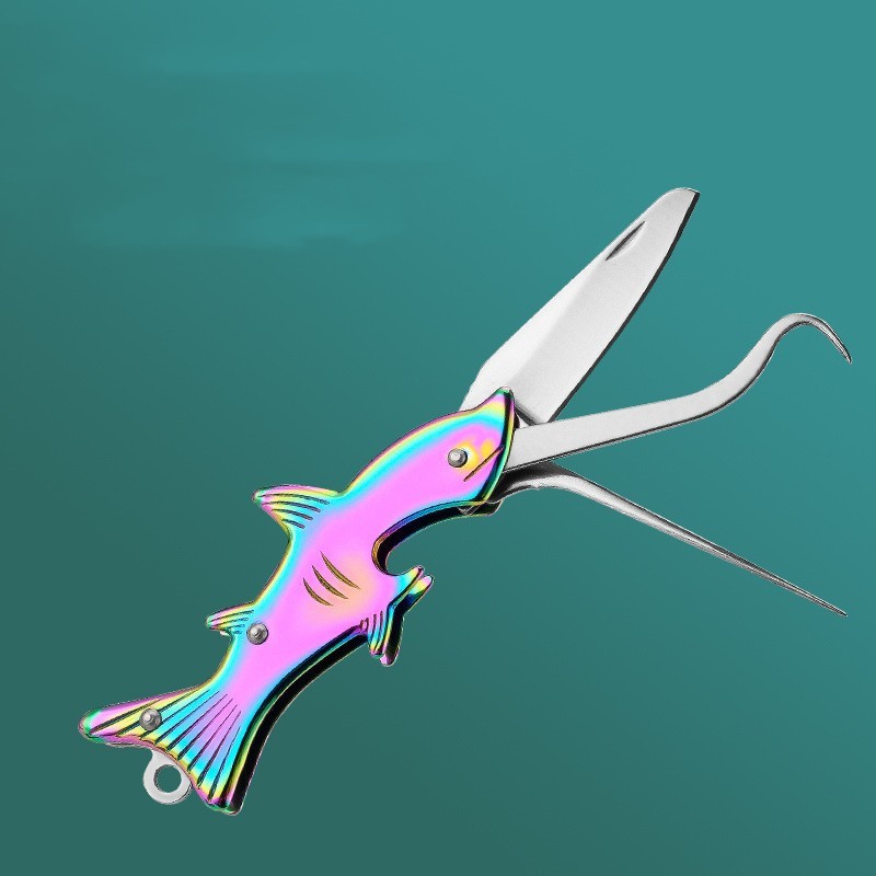 Multifunction Shark Keychain Tool Folding Knife Scissors Bottle Opener EDC GADge