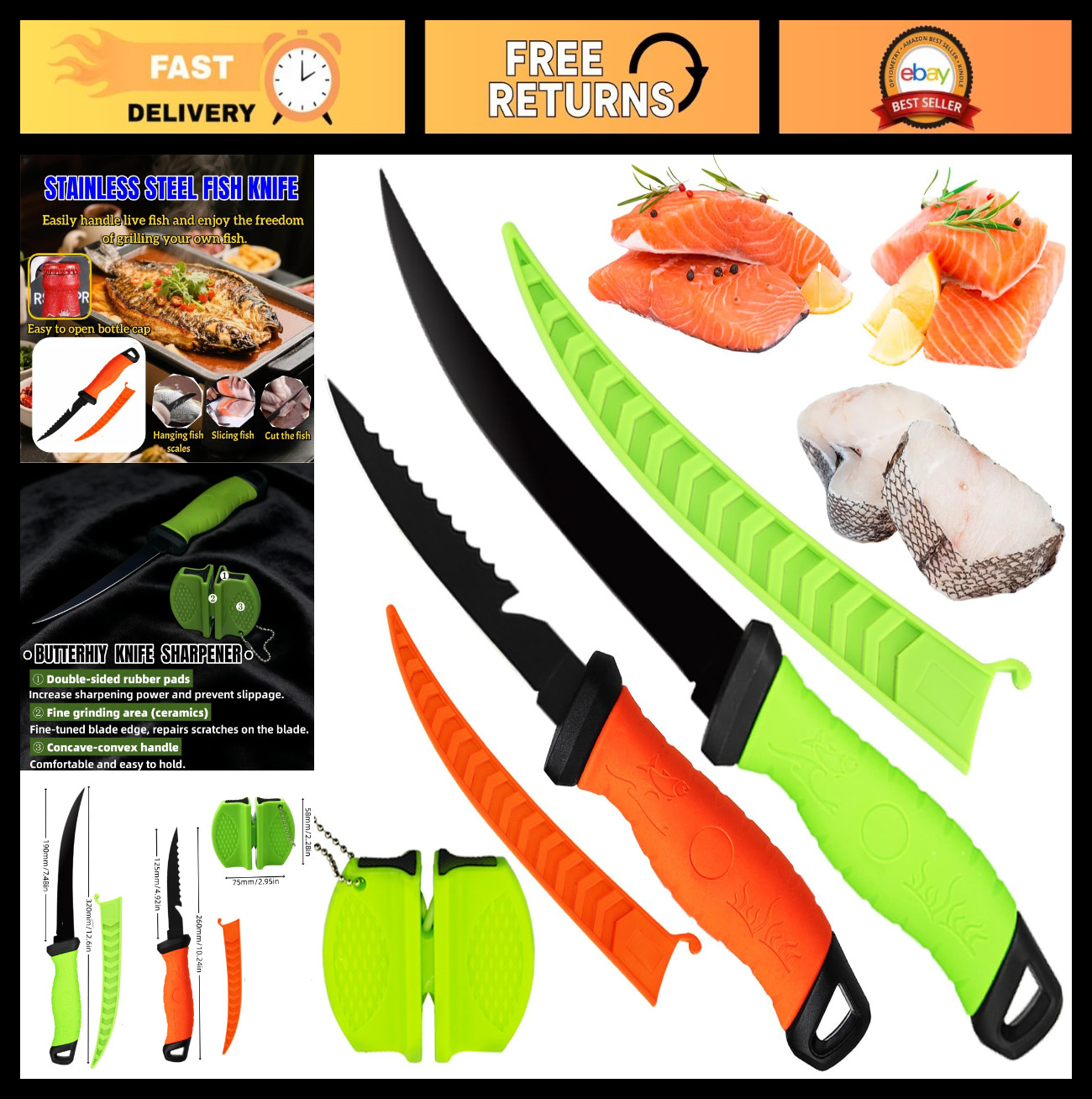 Fishing Knife Set & Fish Cleaning Kit – Filet Knife, Scissors, Gloves, Brush, Tw