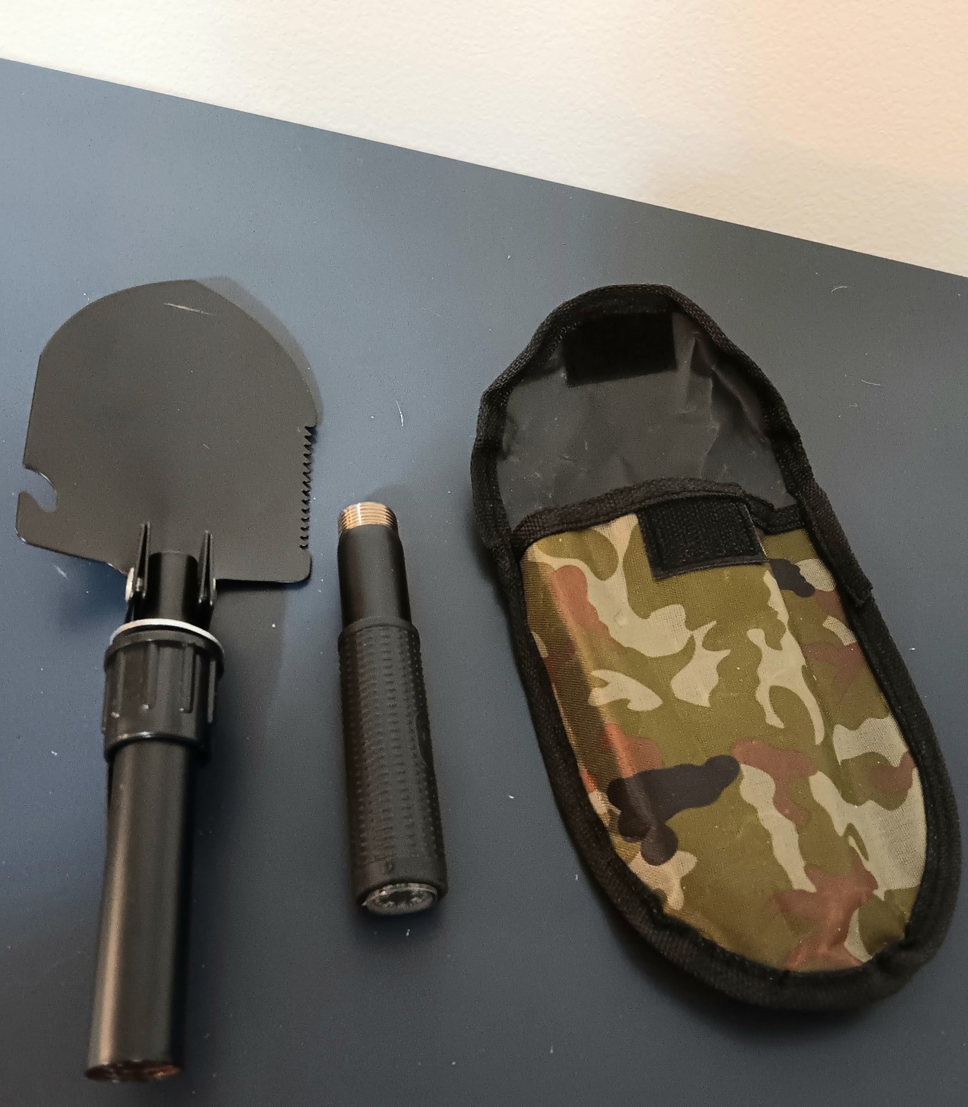 Multi Use Survival Tool, Folding Shovel, Pick Axe, Saw, Compass With Bag