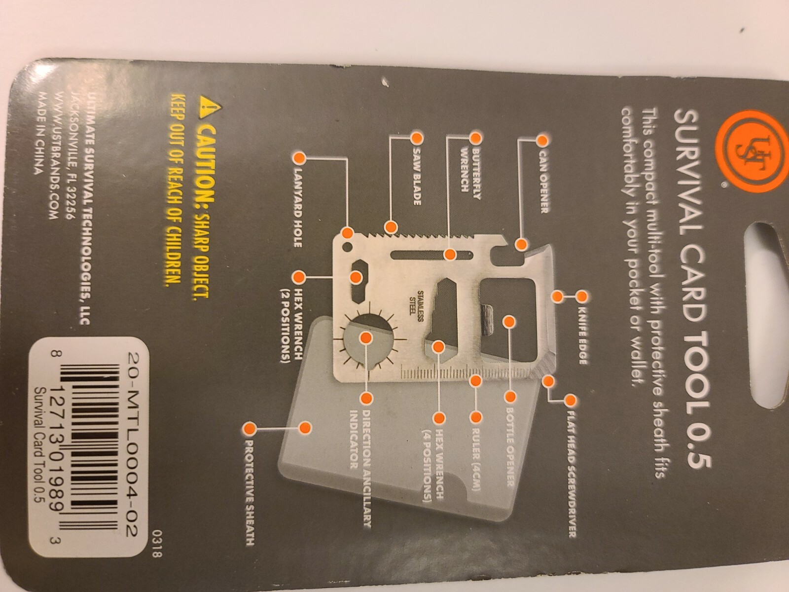 New UST SURVIVAL CARD TOOL 0.5 POCKET Size MULTI-TOOL w/ Sheath Stainless Steel