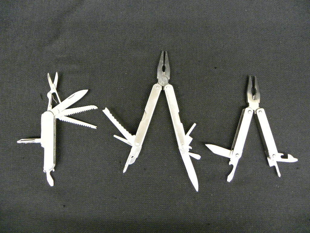 Lot of 9 Small Multi-Purpose Tool, Pliers, Pocket Knife, Openers Pleather Case