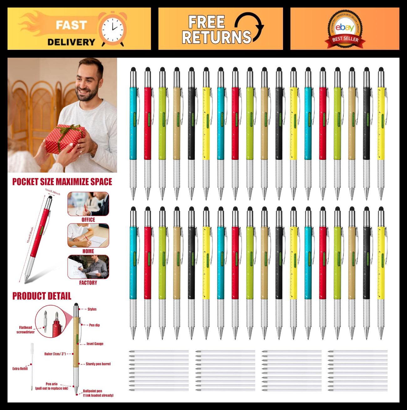36 Pcs 6-in-1 Multitool Pen Set with Ruler, Level, Screwdrivers & Stylus – Gift