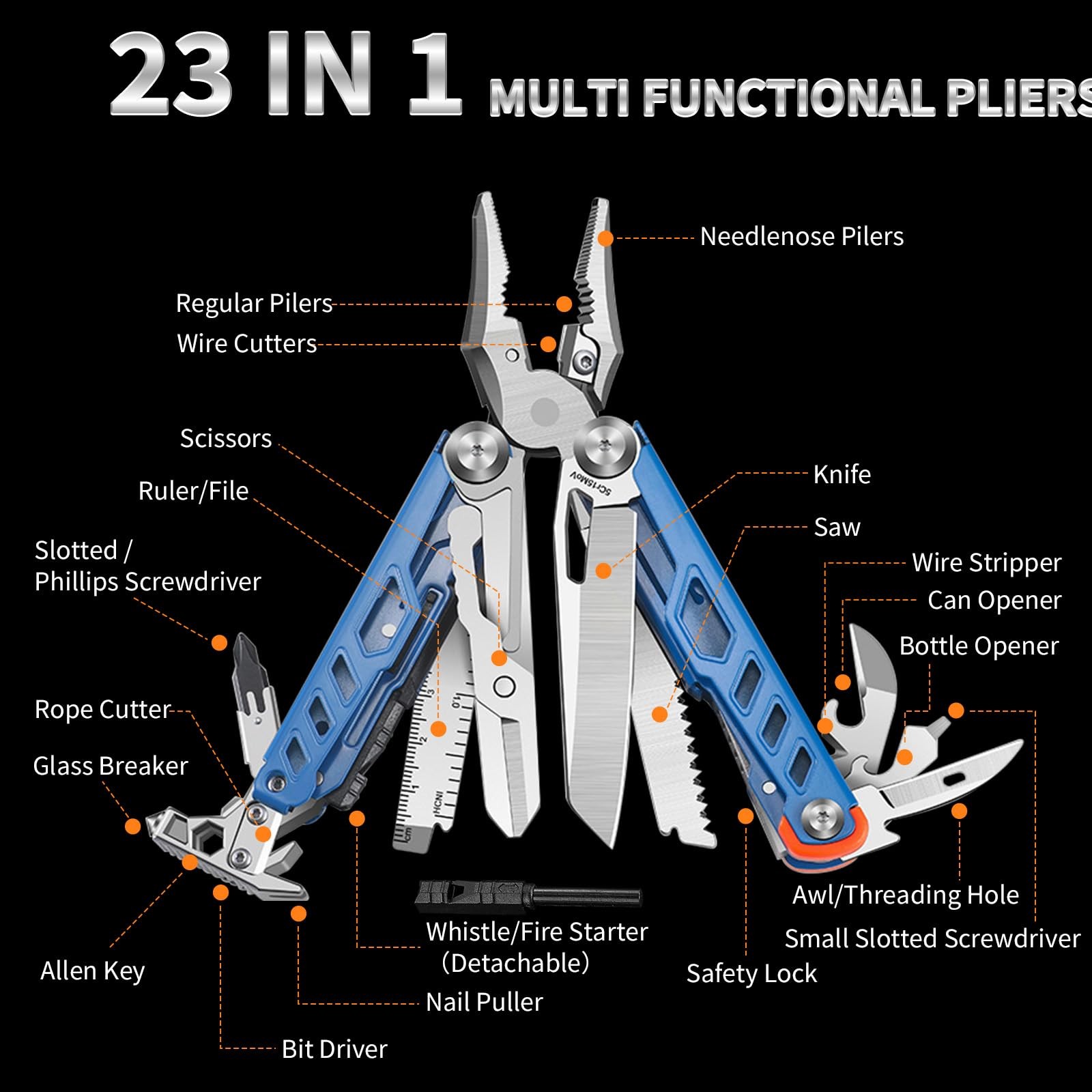 23-in-1 Multitool Pliers with Scissors, Wire Cutters, Window Breaker, Flint, …