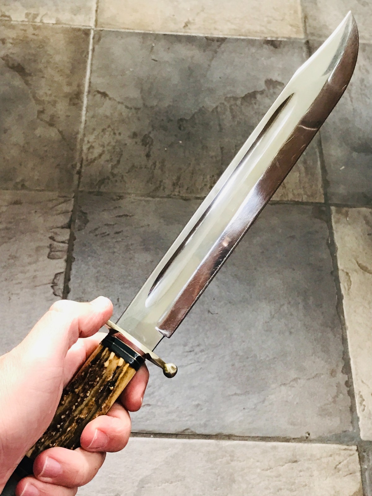 VINTAGE Rehwappen XXXL BOWIE KNIFE STAG HORNE SOLINGEN GERMANY USED