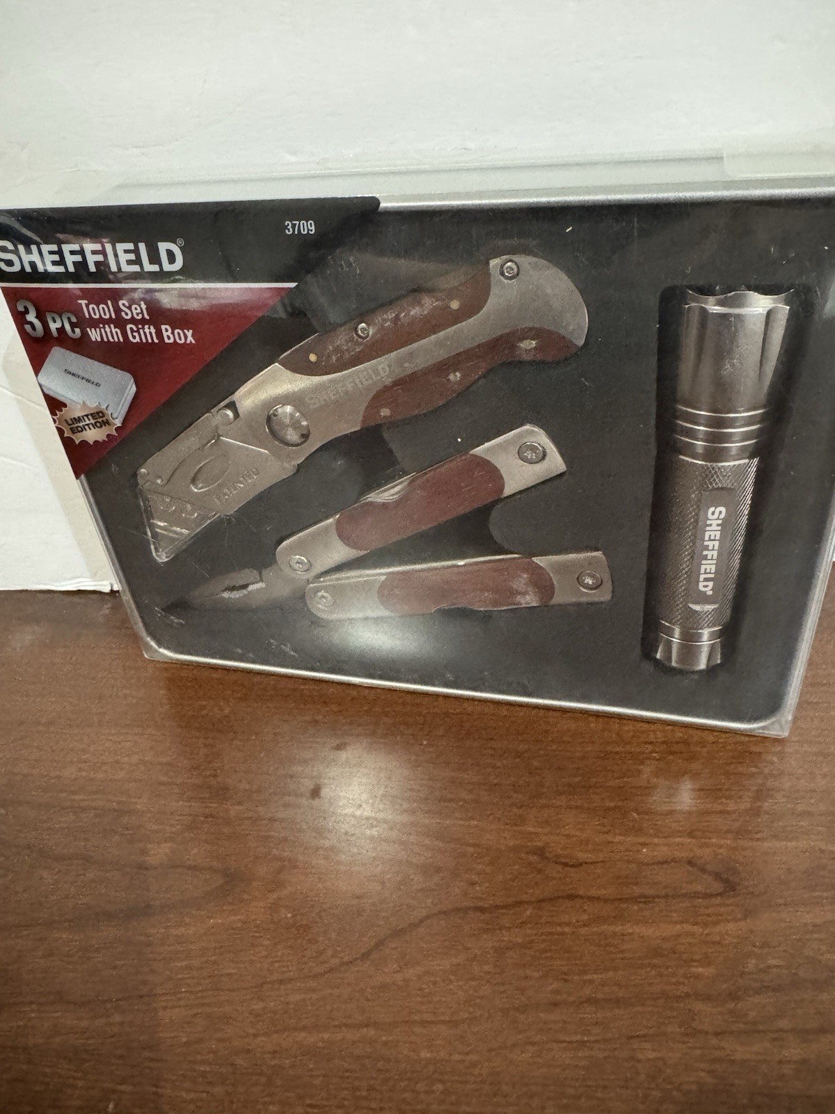 NEW Sheffield 3 Pc Tool Set With Tin Box Multi Tool Utility Knife Flashlight
