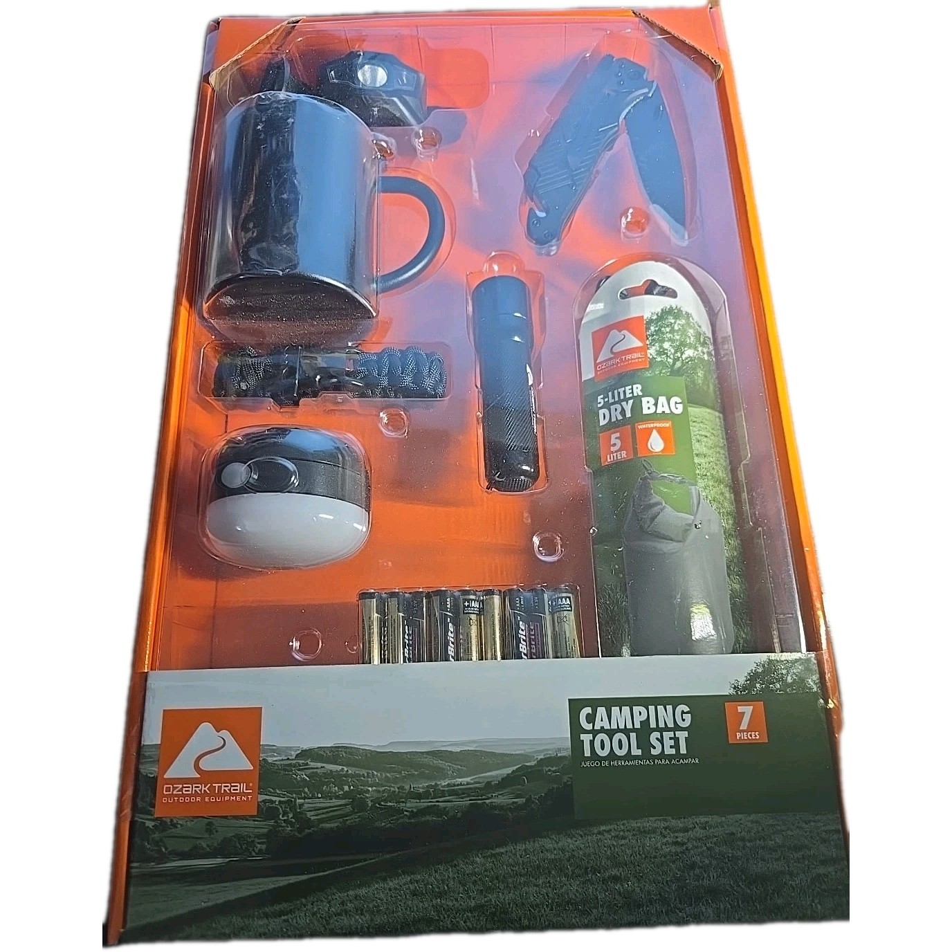 Ozark Trail Camping Tool Set 7 Piece Cup Lantern Flashlight Headlight Multitool