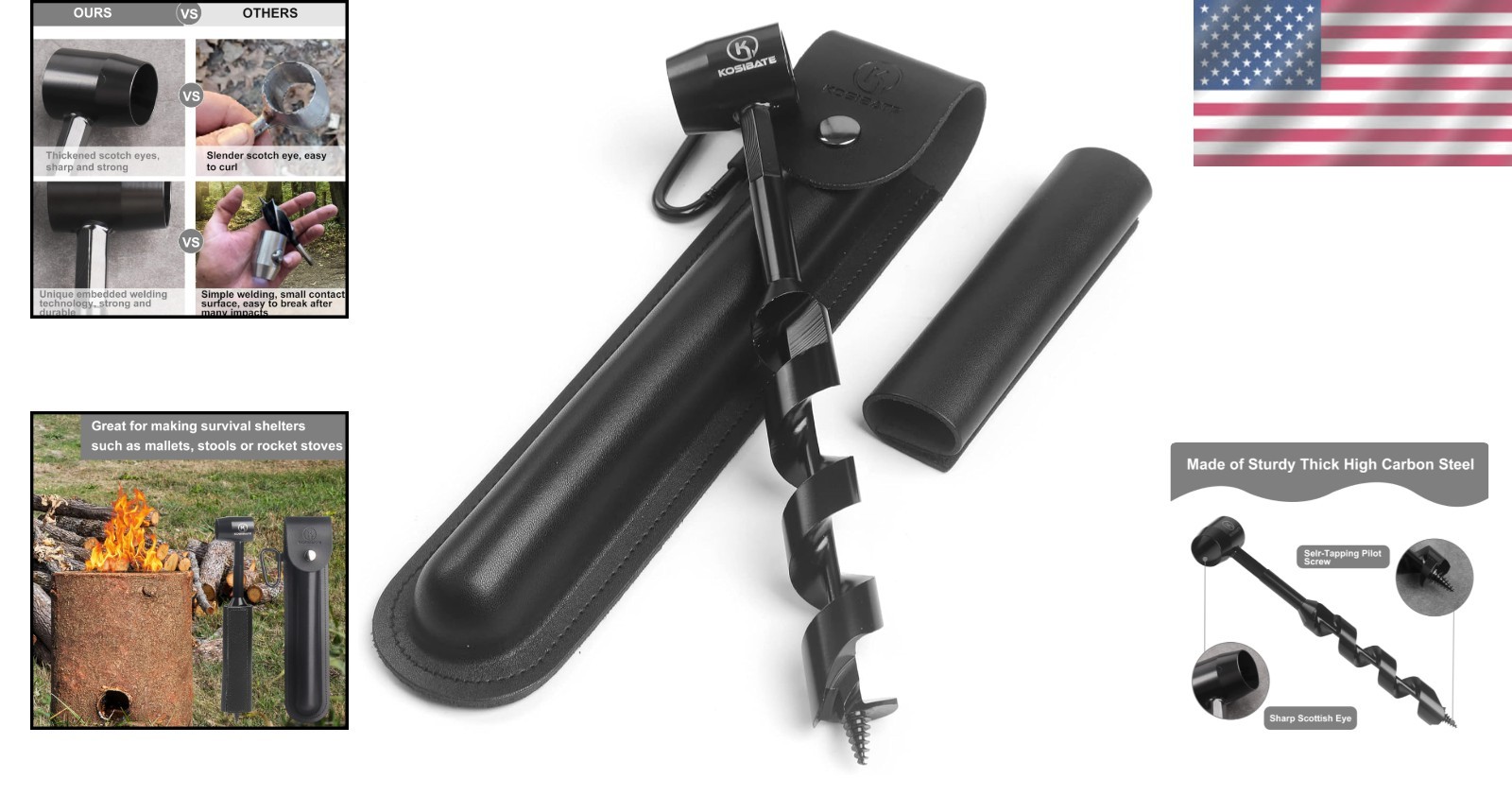 High Carbon Steel Hand Auger Wrench with Leather Sheath – Perfect for Bushcraft