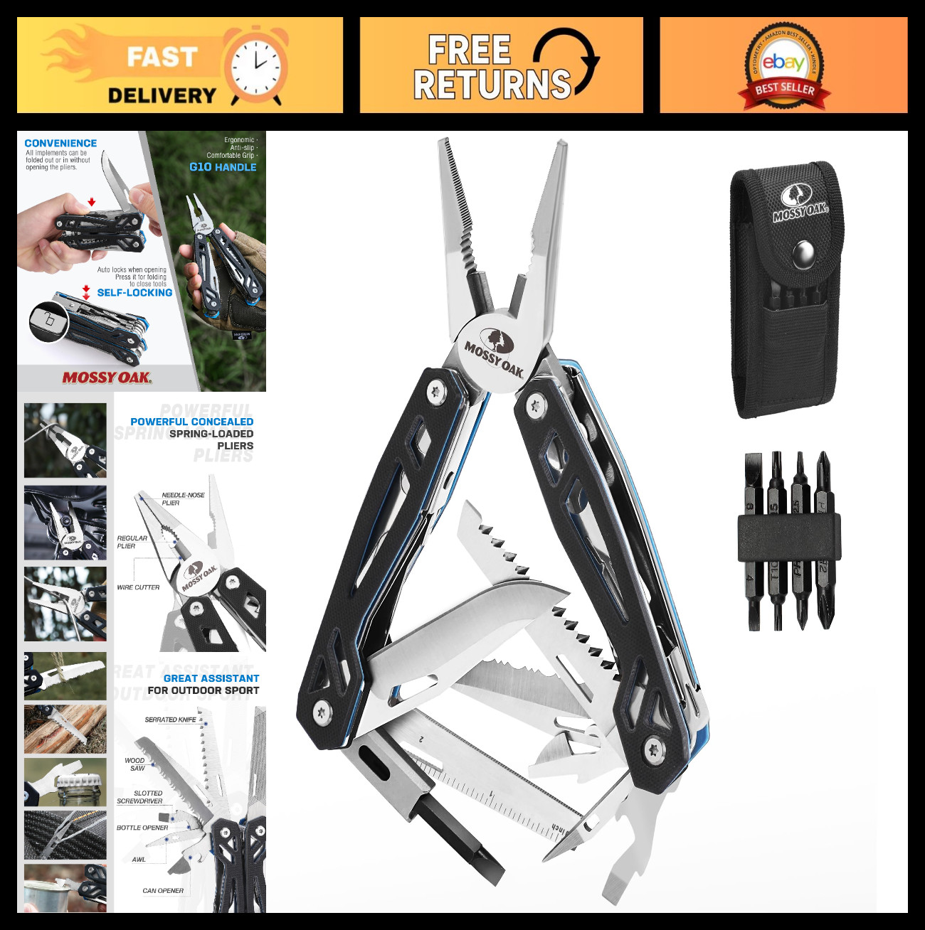 21-in-1 Stainless Steel Multitool Pocket Knife, G10 Handle, Pliers & Sheath – Ou