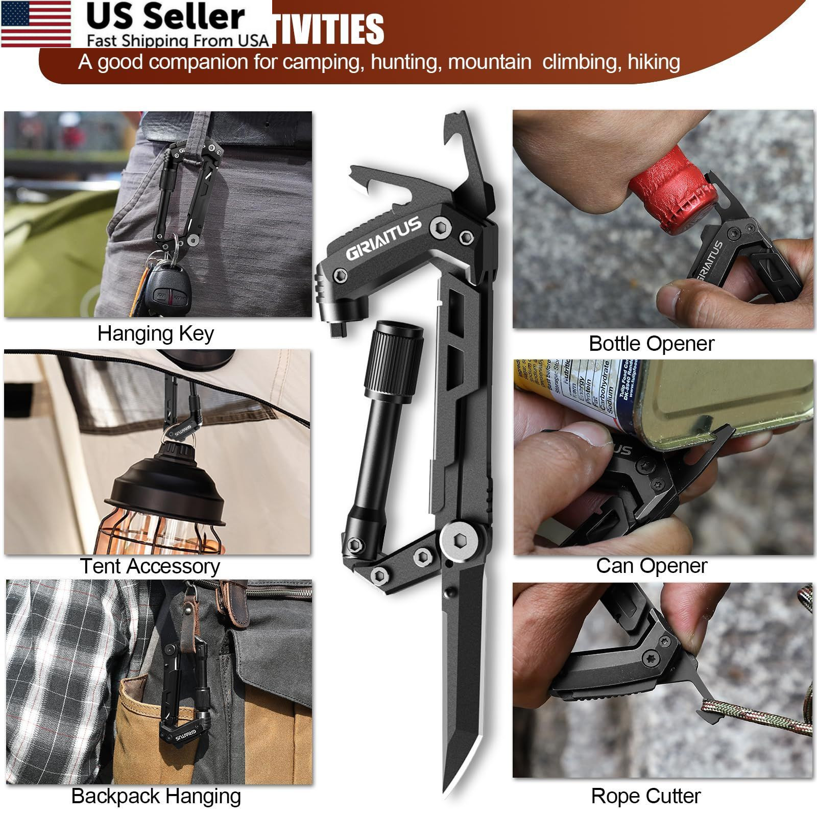 Carabiner Multitool 8-in-1 EDC Carabiners Pocket Knife, Serrated Black
