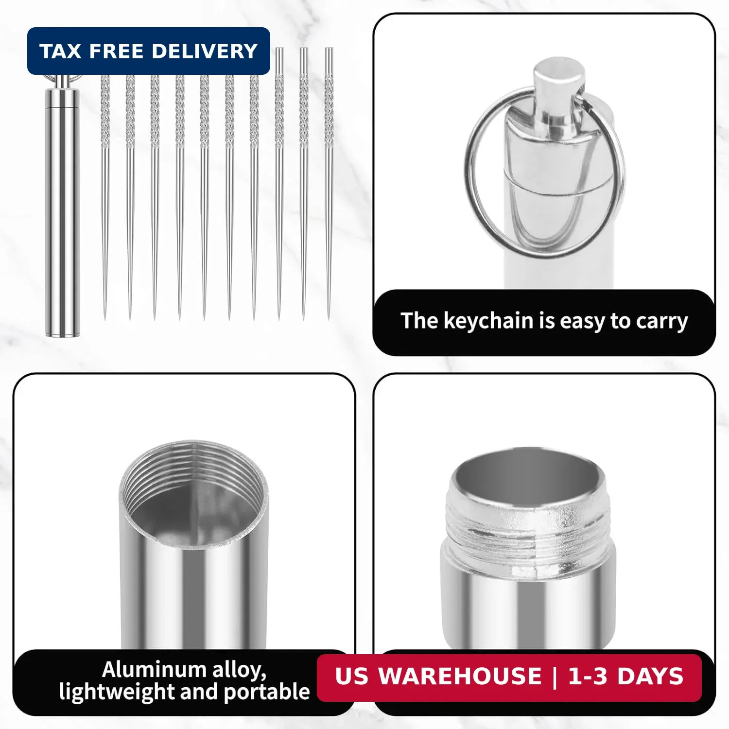 10 Pcs Reusable Metal Toothpick with Waterproof Case, Portable Stainless Steel T