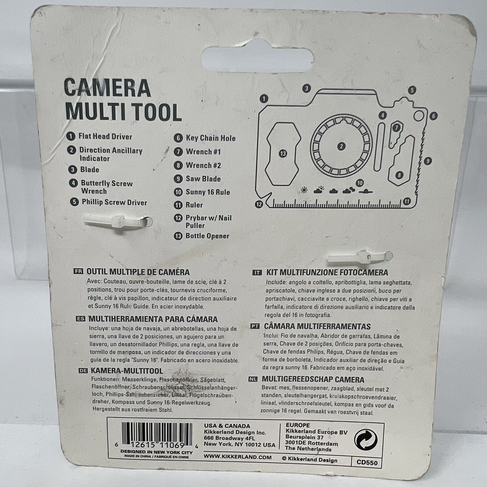 Kikkerland Multi-Tool Camera-Shaped 13 Function Wallet Size Stainless CD550