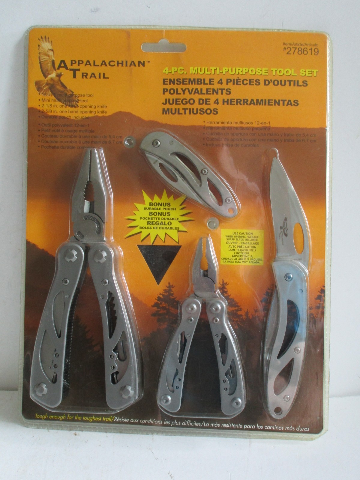 NEW APPALACHIAN TRAIL 4 PIECE MULTIPURPOSE TOOL SET KNIFE, PLIERS, ETC.