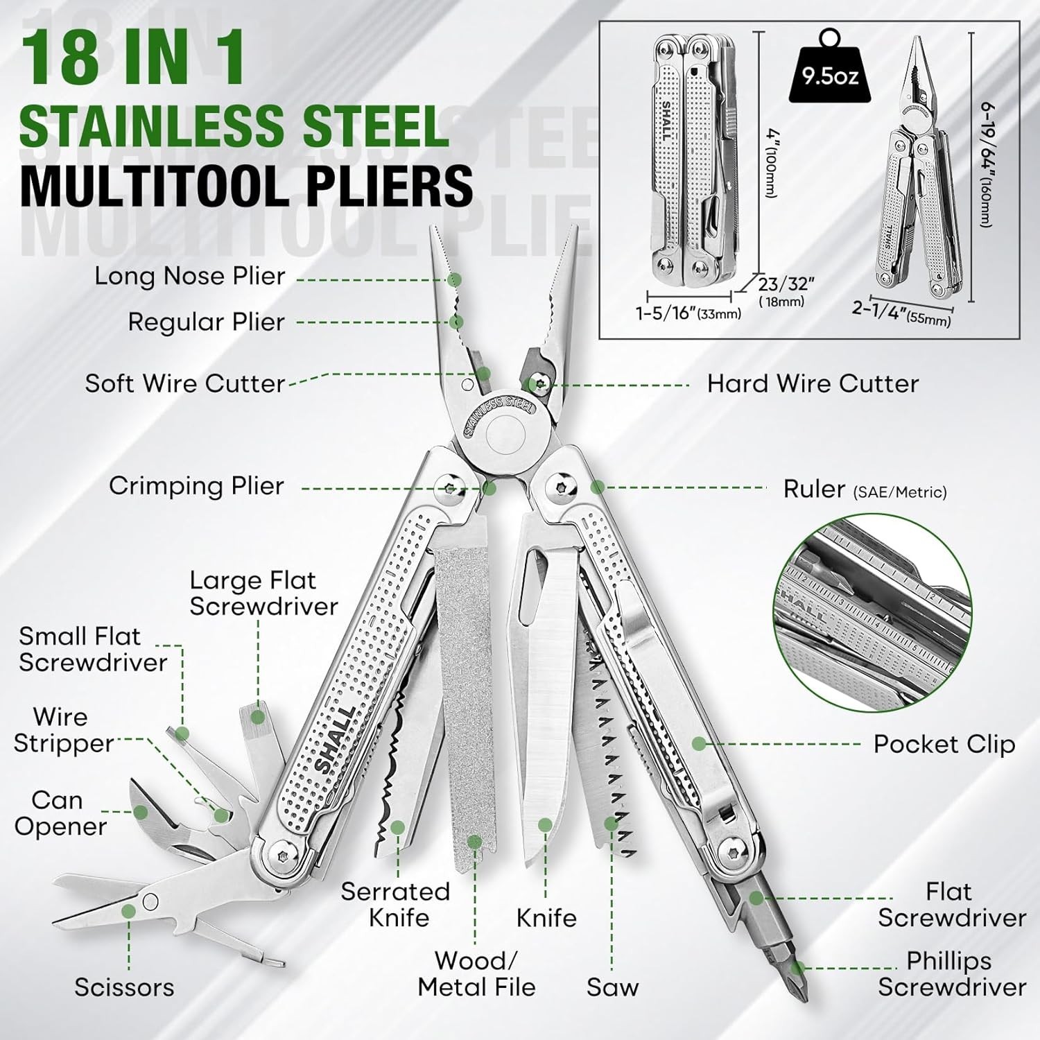 Multi Tool 18-in-1 Stainless Steel Pocket Knife with Screwdriver Bits Universal