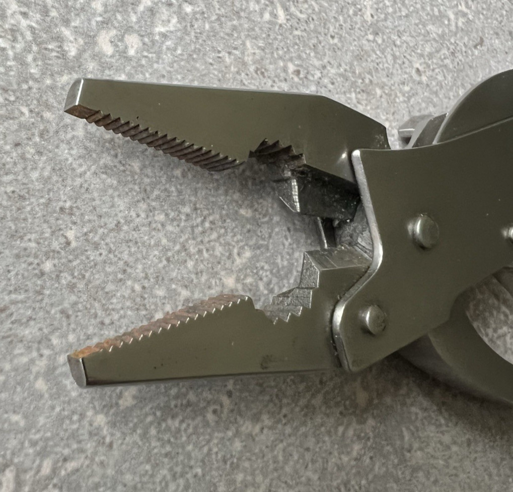 Vintage Unique Multitool W/case (Spring, Assist Pliers , Blade, Opener, Saw, &