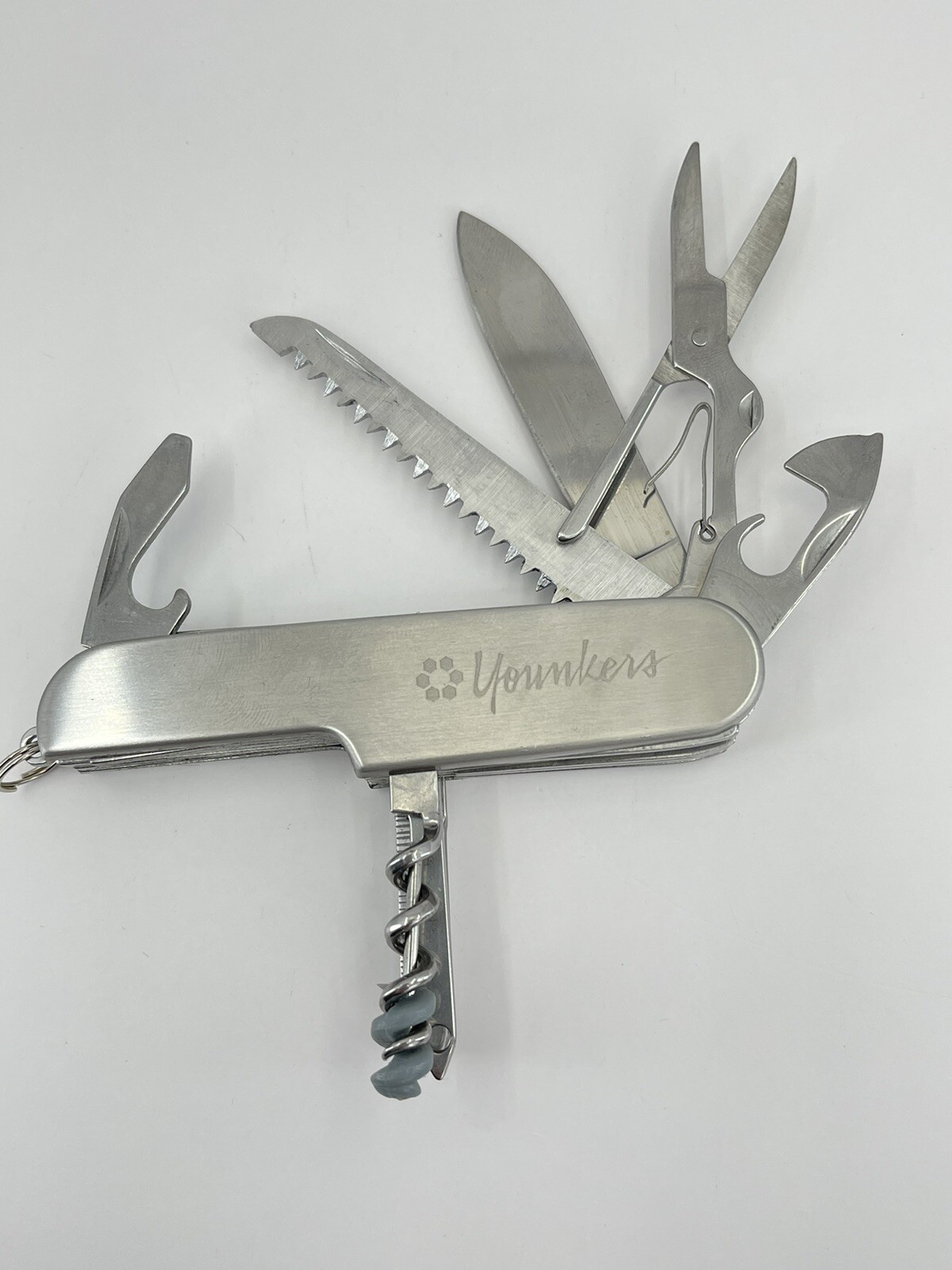 Younkers multi tool Pocket Knife can opener cork screw wood saw scissors file