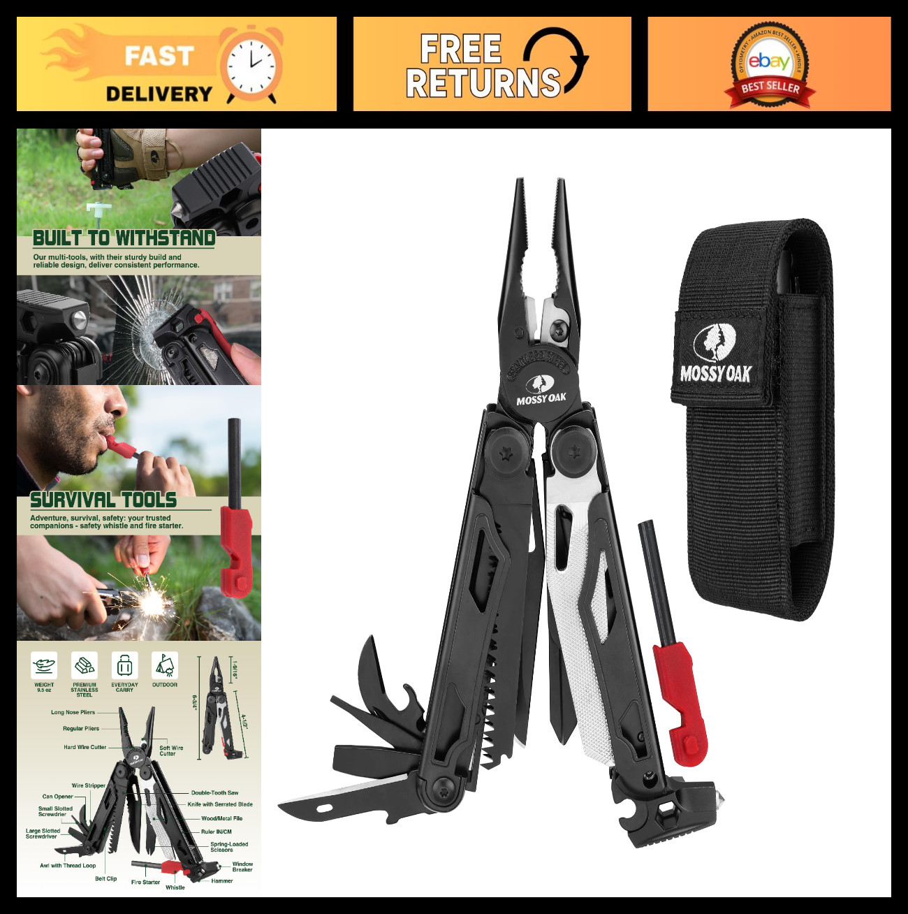 19-in-1 Stainless Steel Multitool Pliers, Survival Gear with Fire Starter & Shea