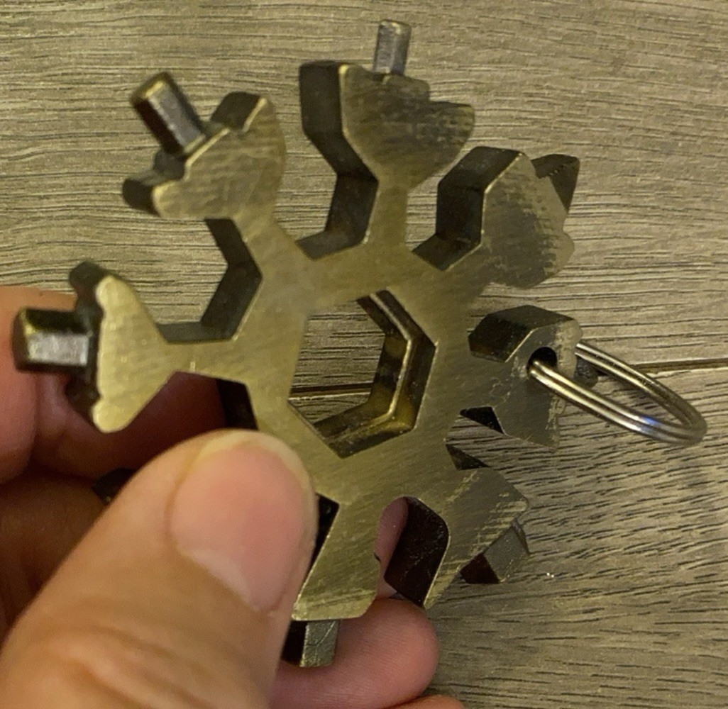 Brass Keychain Multi Tool Snowflake Metal Goldish Color 8 Different Tool Heads