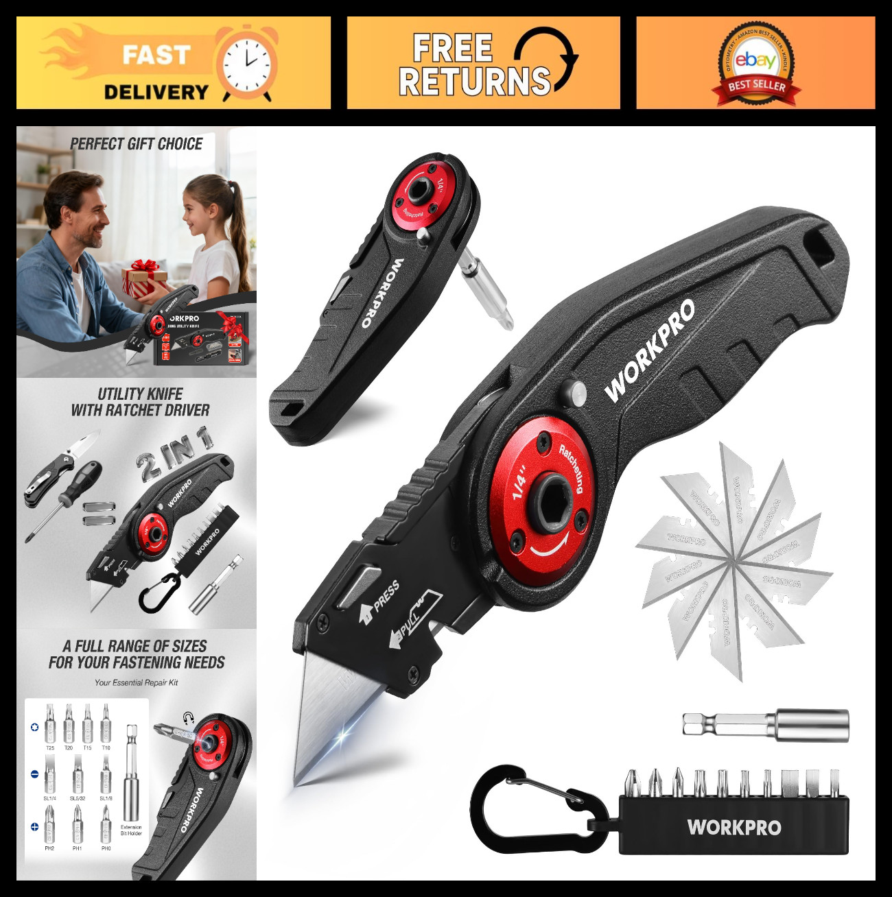 2-in-1 Folding Utility Knife & Ratcheting Screwdriver, Heavy Duty EDC Tool, Quic