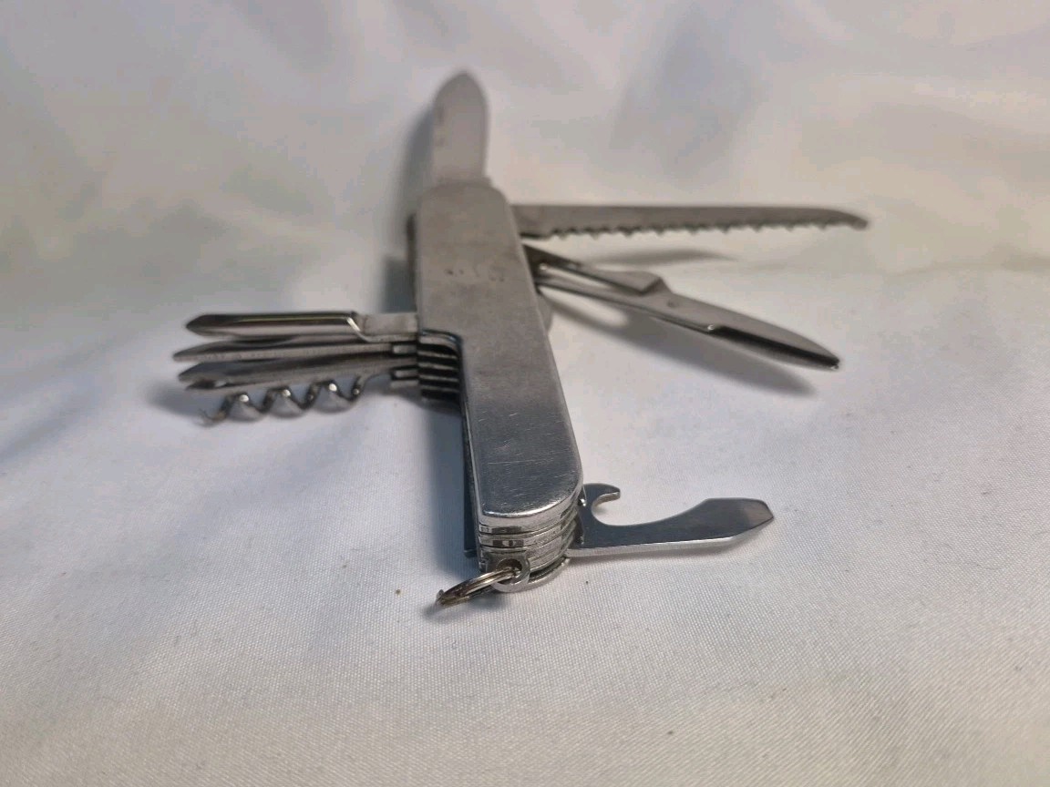 10 MULTI TOOL Silver VTG MERRYMANS Pocket Advertising Knife Army Camp Survival