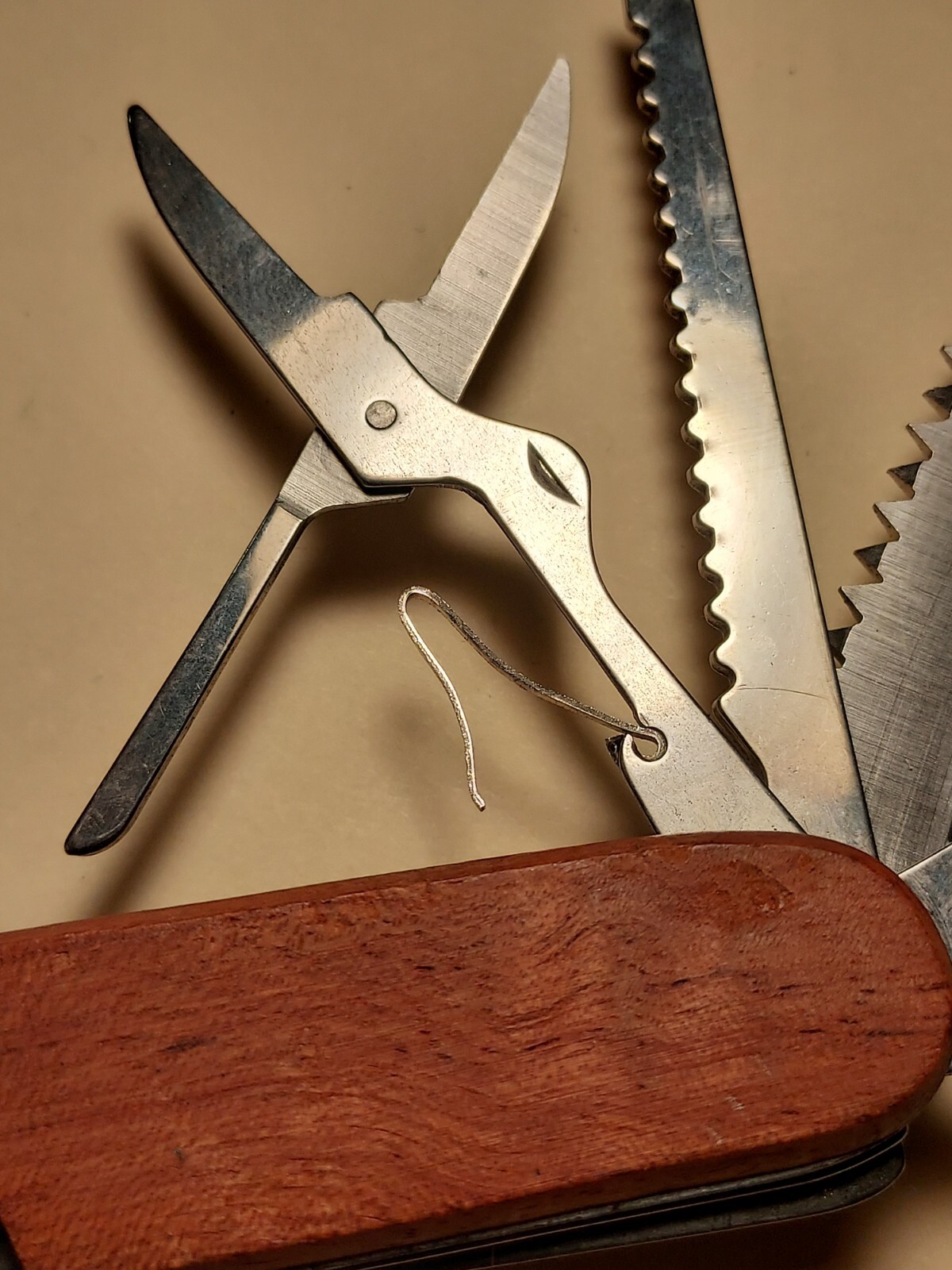 Eddie Bauer advertising Wood Handle Multi Tool *scissors needs repair*