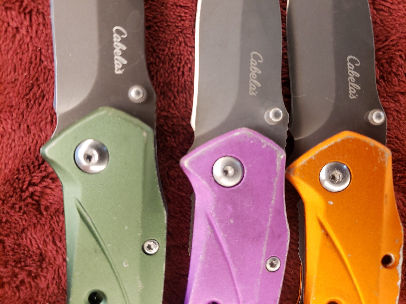 Lot 3 Cabela’s Plain Edge Liner Lock Aluminum Scale Folding Green Purple Orange