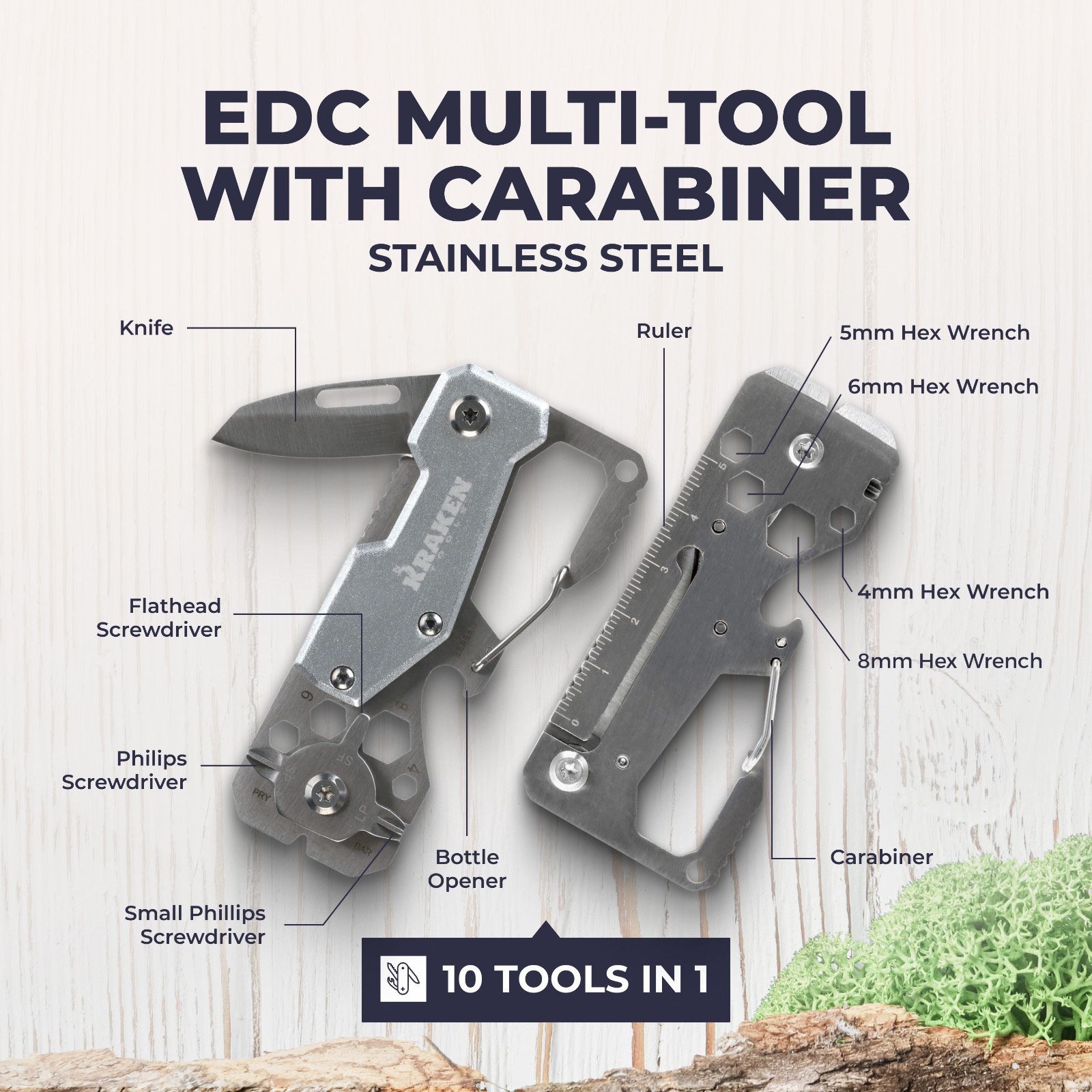 Kraken Tools 10 in 1 Stainless Steel EDC Multi Tool with Carabiner