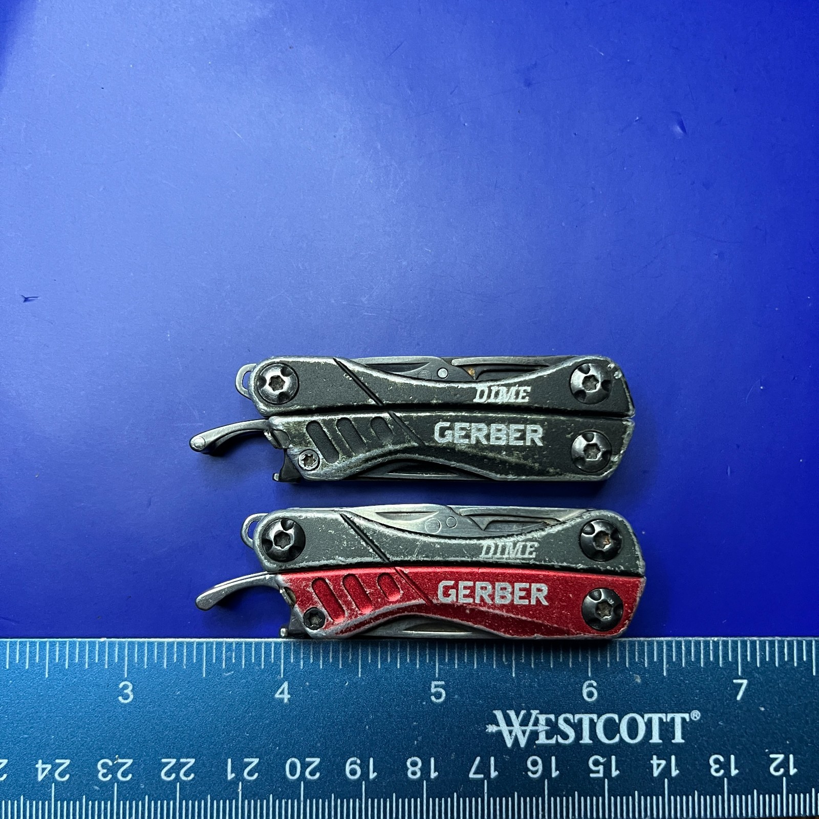 Lot of 2 Gerber Dime Multi-Tools Small Keychain Pliers Knife File Scissors