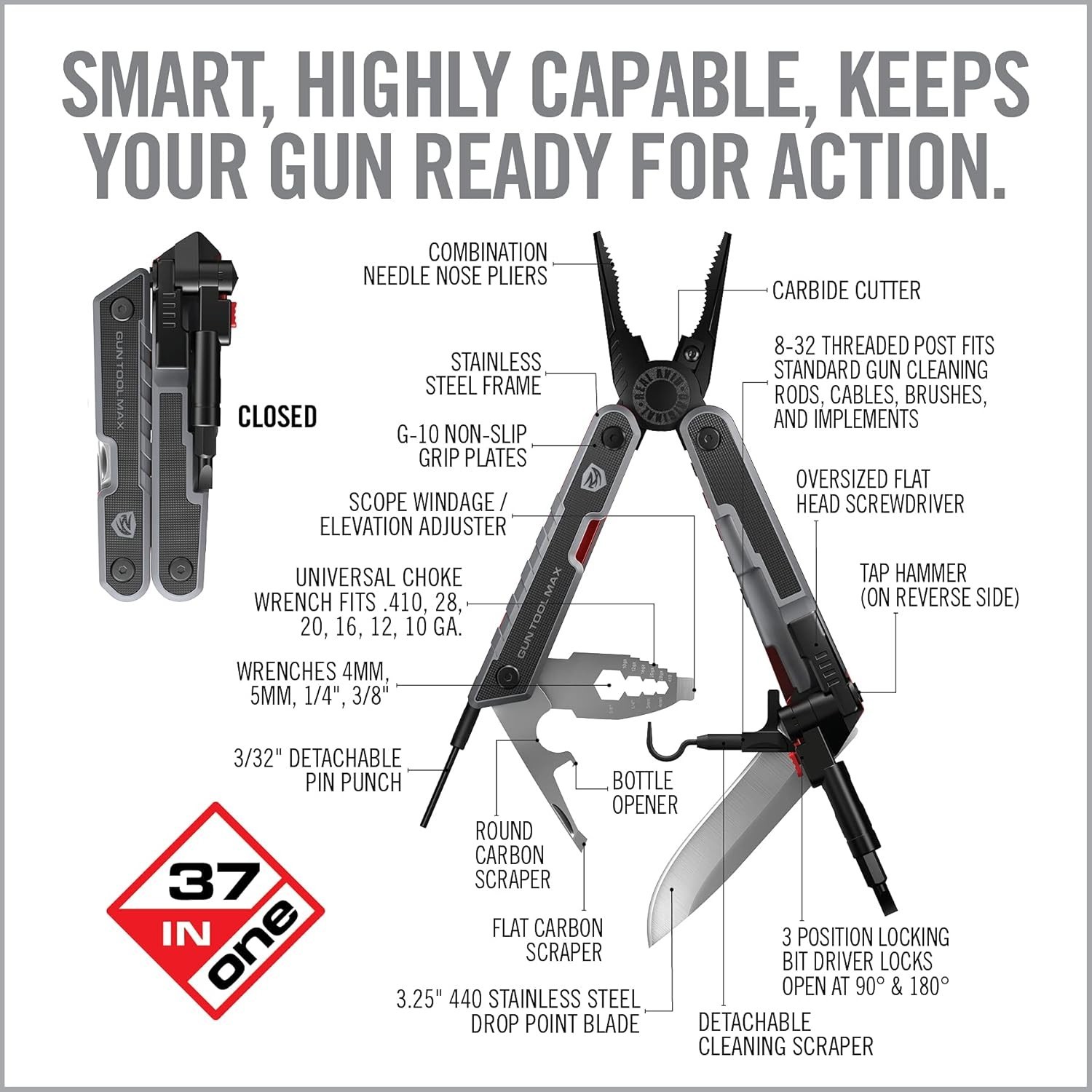 Real Avid Gun Tool Max, 37-in-1 Multitool for Gunsmithing, Includes Pliers, Wire