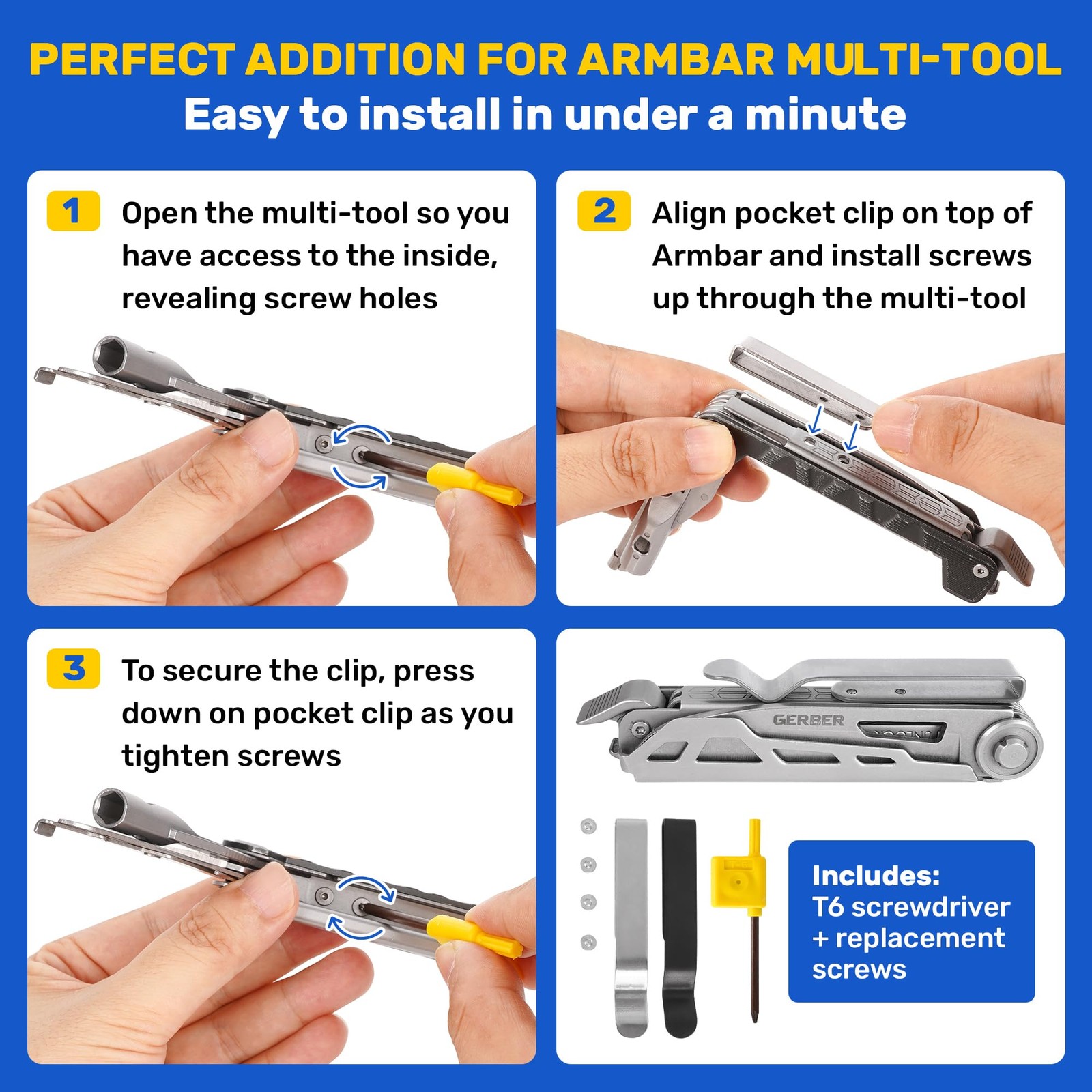 [2-Pack] Stainless Steel Pocket Clips For Gerber Armbar Multitool – 1 Metal + 1