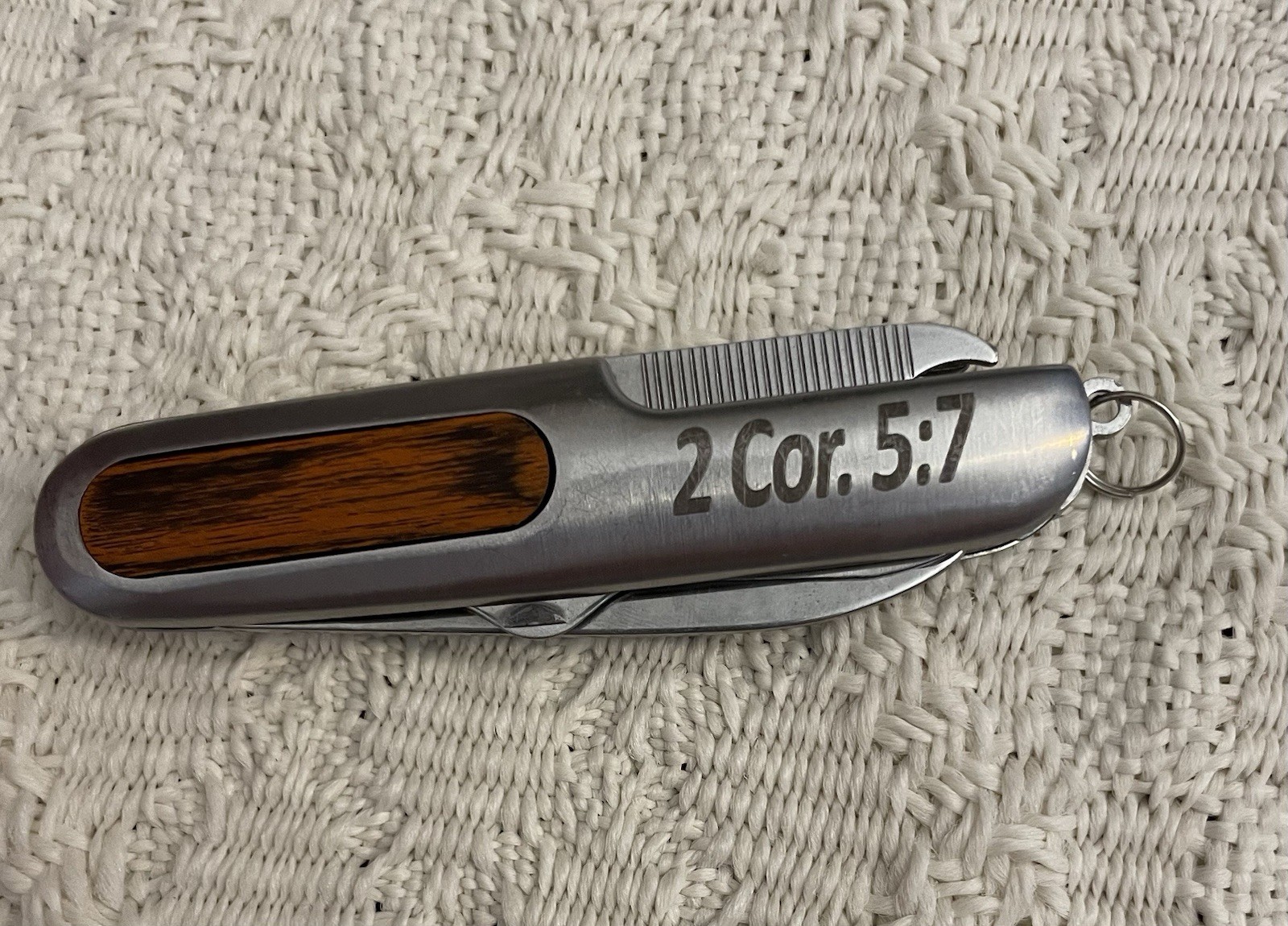 Multi-Tool Folding Knife Stainless Steel Wood Inlay 2 Cor. 5:7 Engraving 4 Tools