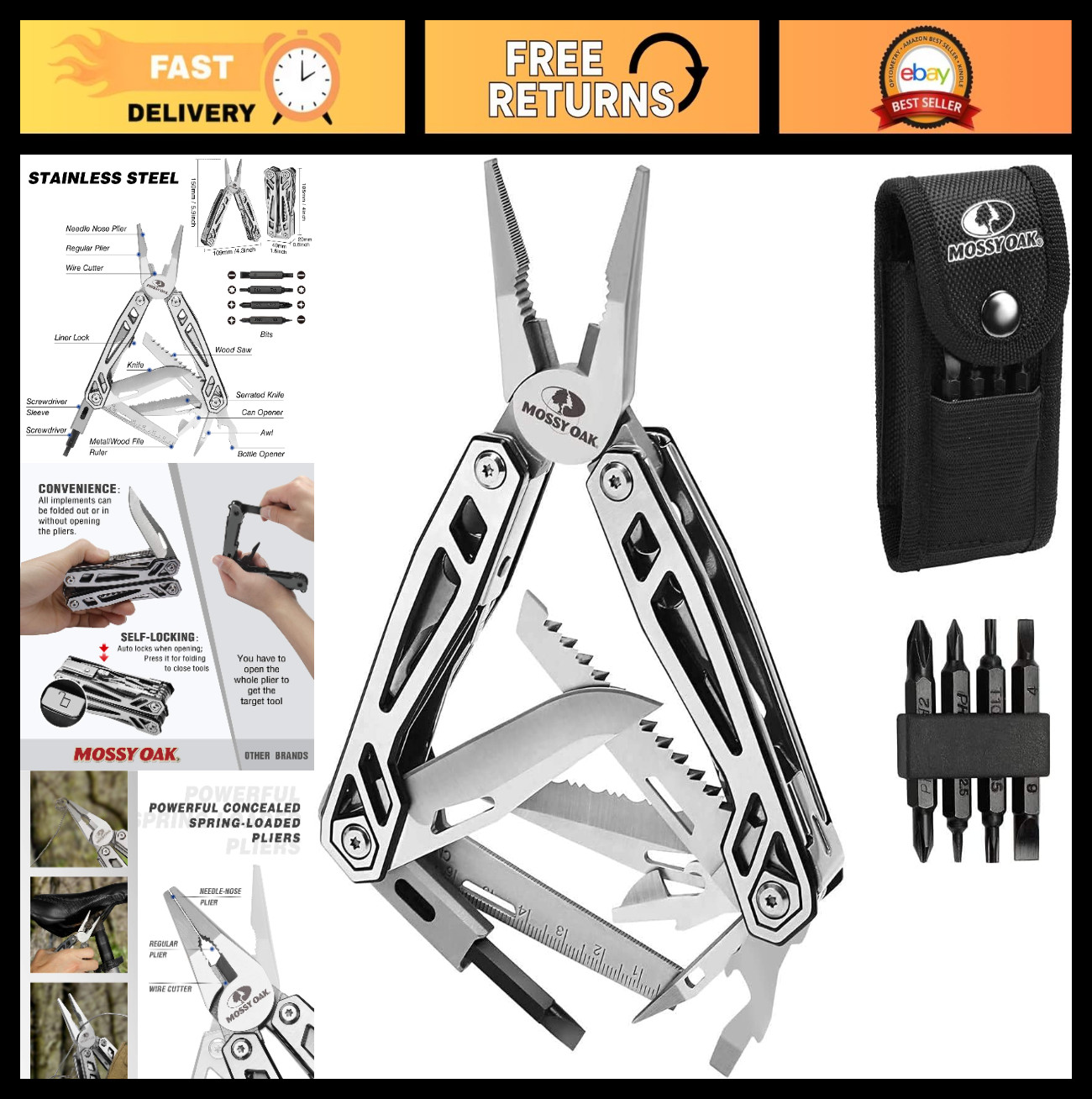 21-in-1 Stainless Steel Multitool Pocket Knife, Self-locking Pliers & Sheath – I