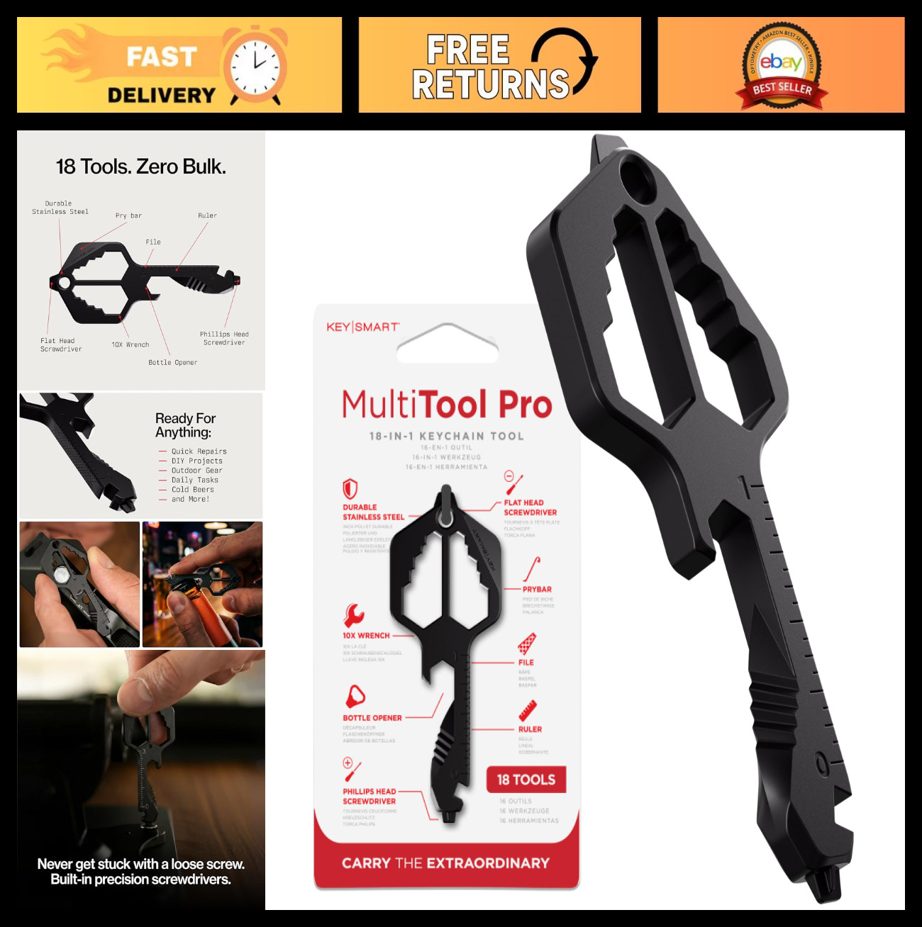 18-in-1 Multifunction Key Shaped Multi-Tool Pocket Keychain, EDC Gear, 3 Pack