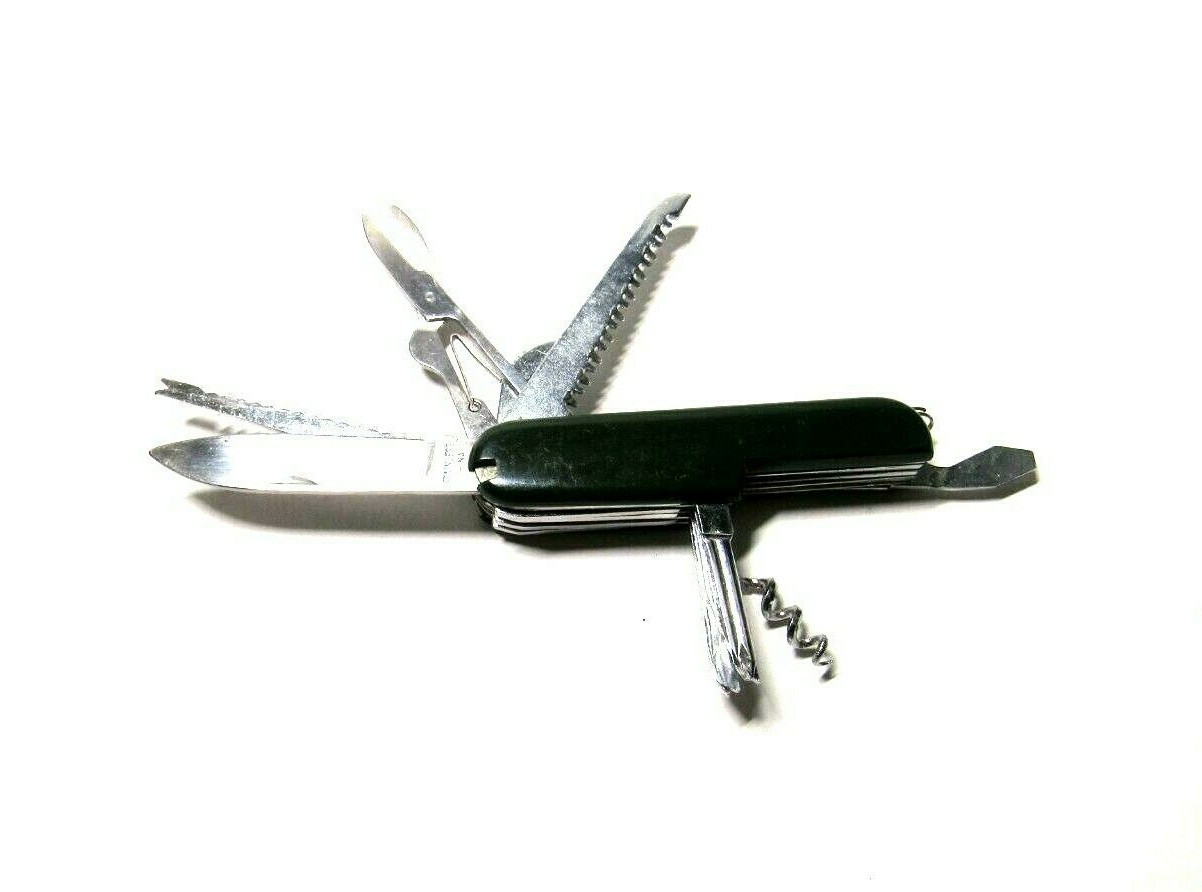Folding Knife Multi Tool Stainless Steel Saw Corkscrew Scissors File Dk Green