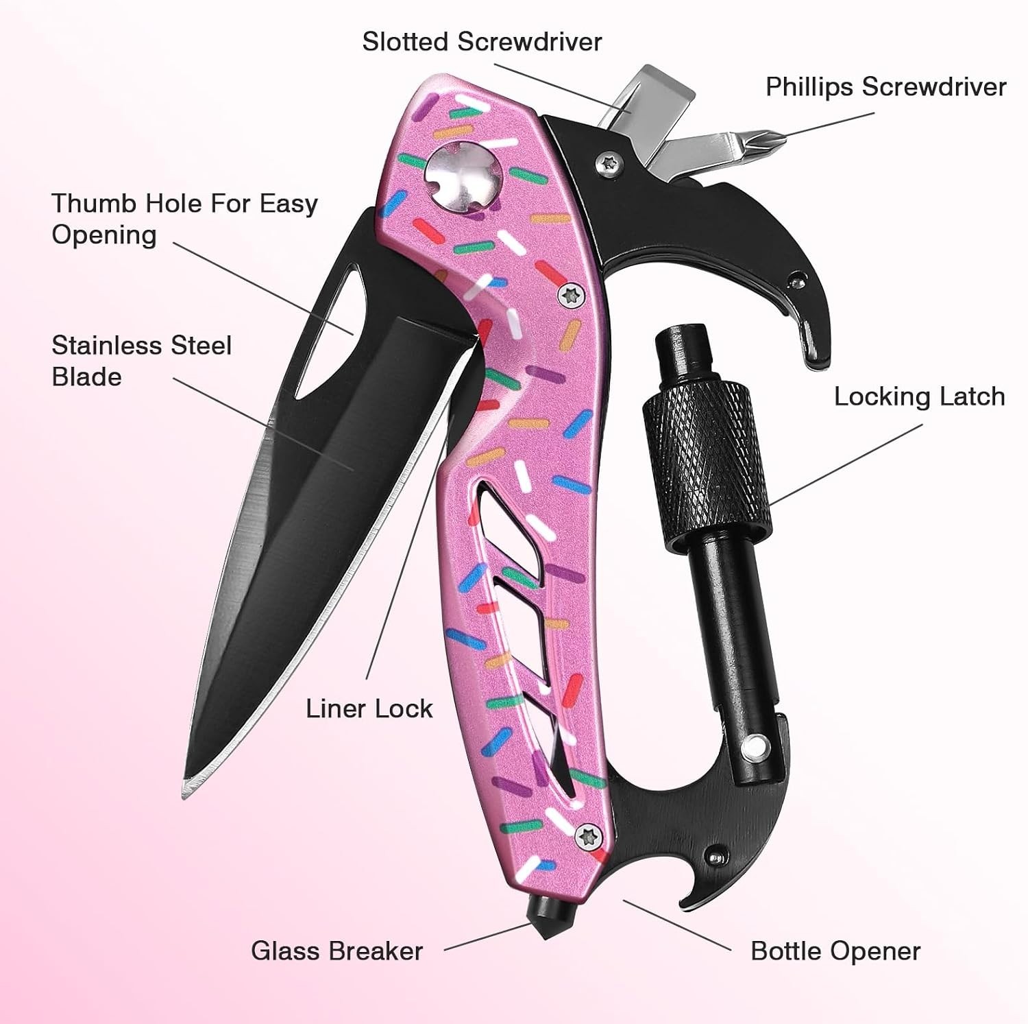 Elegant Stainless Steel Multitool Knife – Compact Gift for Women, Pink Donut
