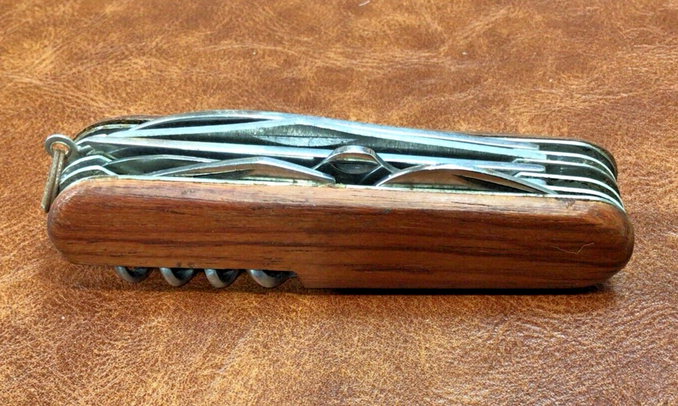 VTG Knife Multi-Tool Wooden Handle Folding Blade Cork Screw Saw Scissors