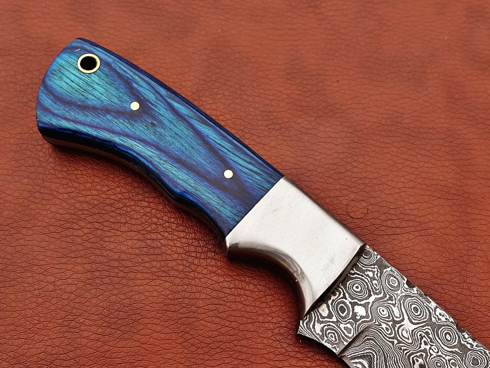9.5″ Rain drop Damascus steel Blue wood scale Skinning knife W/ Leather sheath