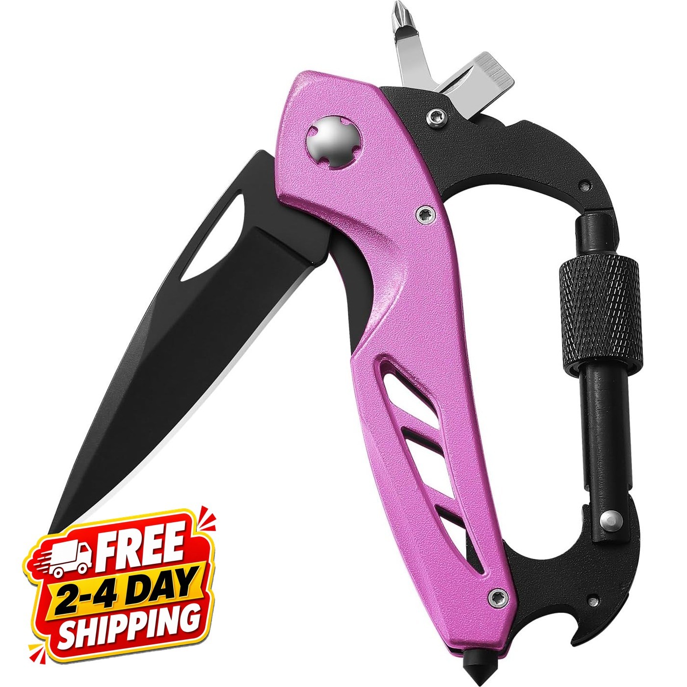 Pink Multitool Carabiner Knife for Women Men,Survival Gear for Camping