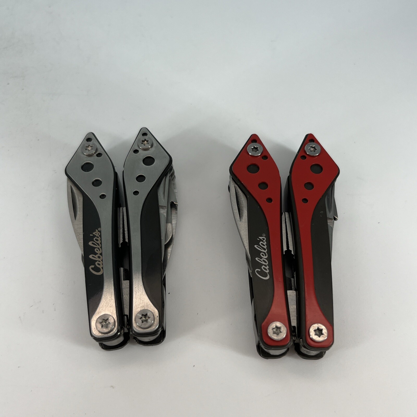 LOT OF 2 Cabela’s SILVER & RED Mini Multi-Tool Spring Open Pliers Scissors Saw