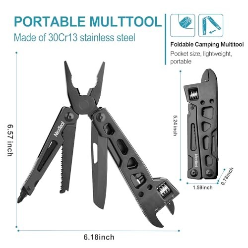 9-in-1 Adjustable Wrench Multitool, Foldable Stainless Steel Multi-Tool, Pliers,