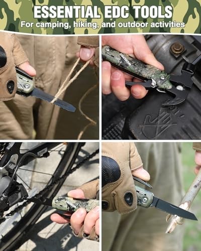 12-in-1 Camping Multitool with Mini Hammer, EDC Gear, Safety Lock & Pouch – Camo