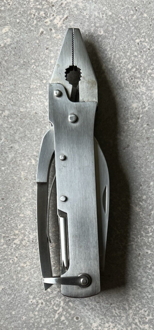 Vintage Unique Multitool W/case (Spring, Assist Pliers , Blade, Opener, Saw, &