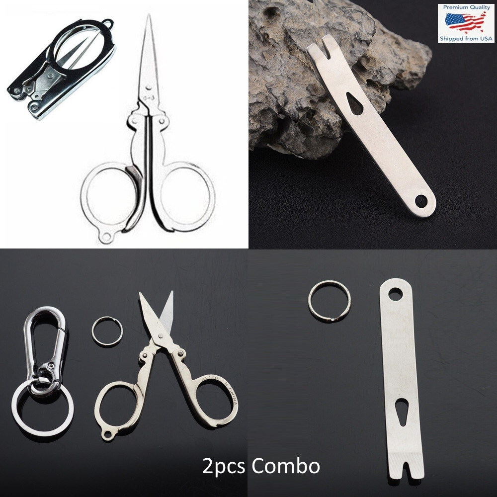 2pcs Mini Scissors & Crowbar Pry Bar Keychain Tool Survival EDC Carabiner Clip