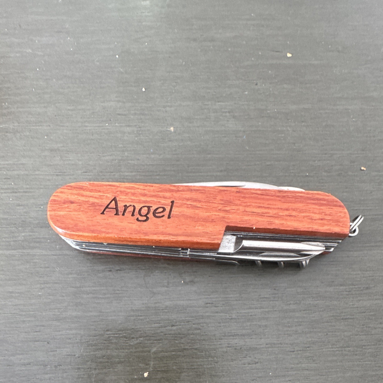 Wood Handle Multi-Tool Pocket Knife w/ Corkscrew, Keychain Ring Brown/Silver
