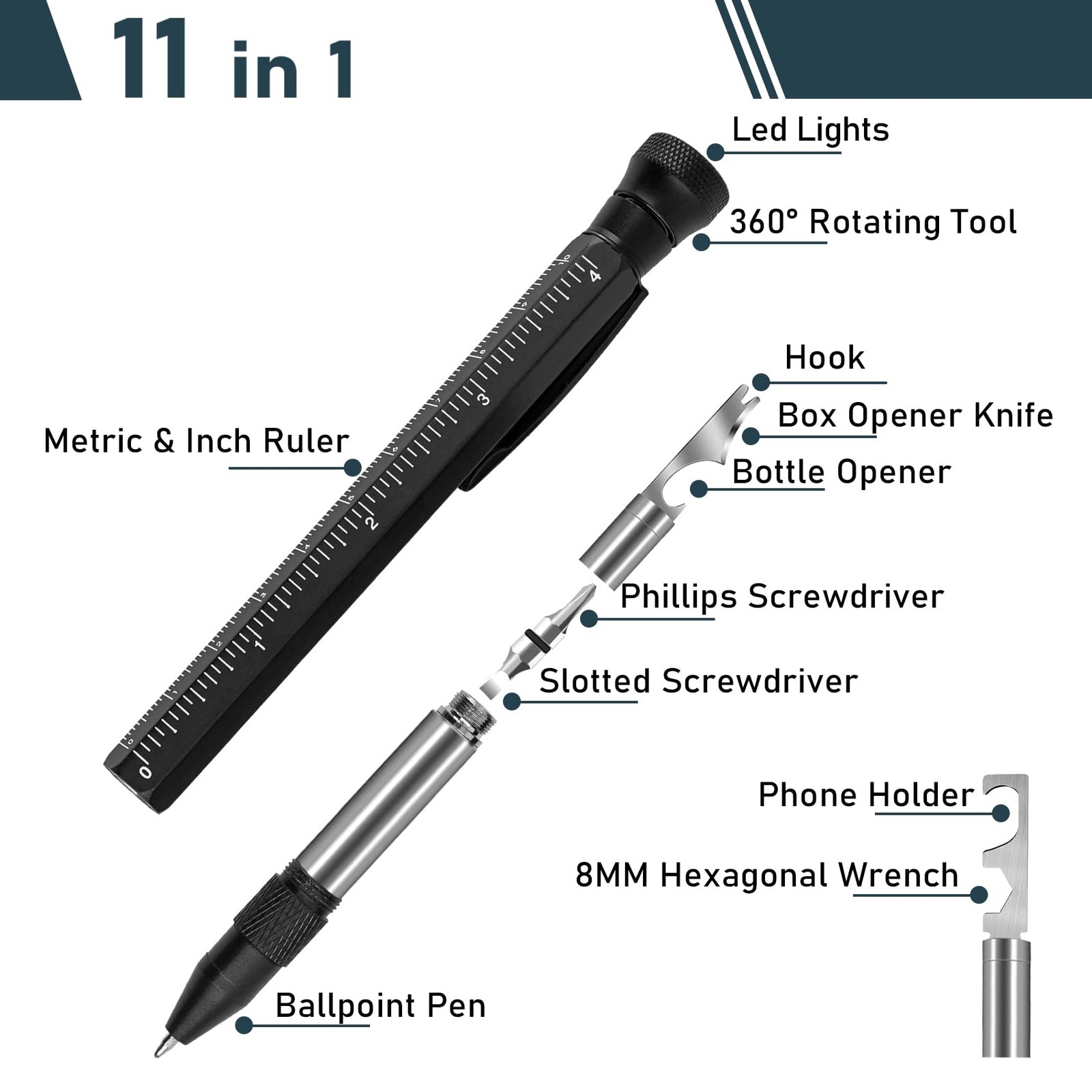 11 in 1 Multi-Tool Pen P1, EDC Gadget with LED Flashlight, Screwdriver & Rule…