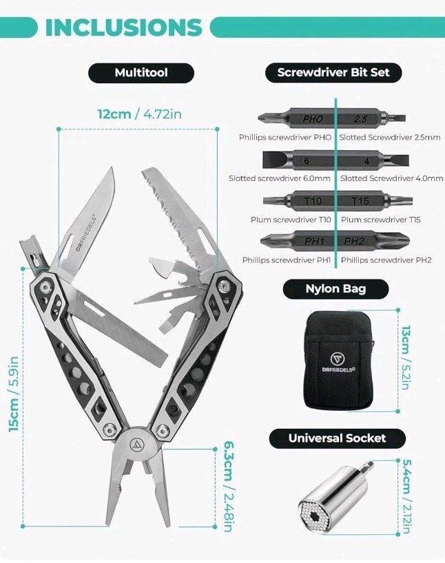 DR Fridels Multi Tool with Universal Socket – 22 in 1 Stainless Steel…