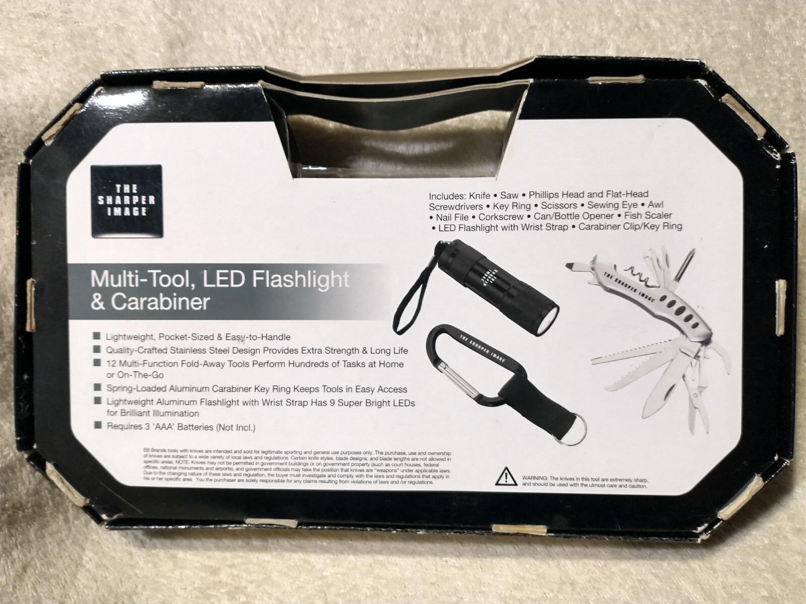 Sharper Image Multi Tool, LED Flashlight & Carabiner Gift Set Opened Package 47