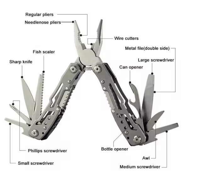 11-in-1 Stainless Steel Multi-Tool, Silver, Keychain & Sheath Included