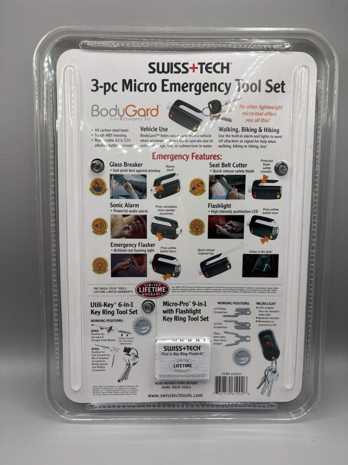 Swiss Tech 3 Piece Micro Tool Set Glass Breaker Seatbelt Cutter Alarm Light