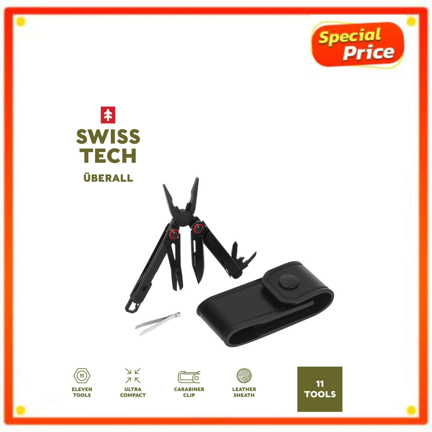 Swiss Tech Uberall 11-in-1 Folding Mini Multi Tool w/ Leather Sheath