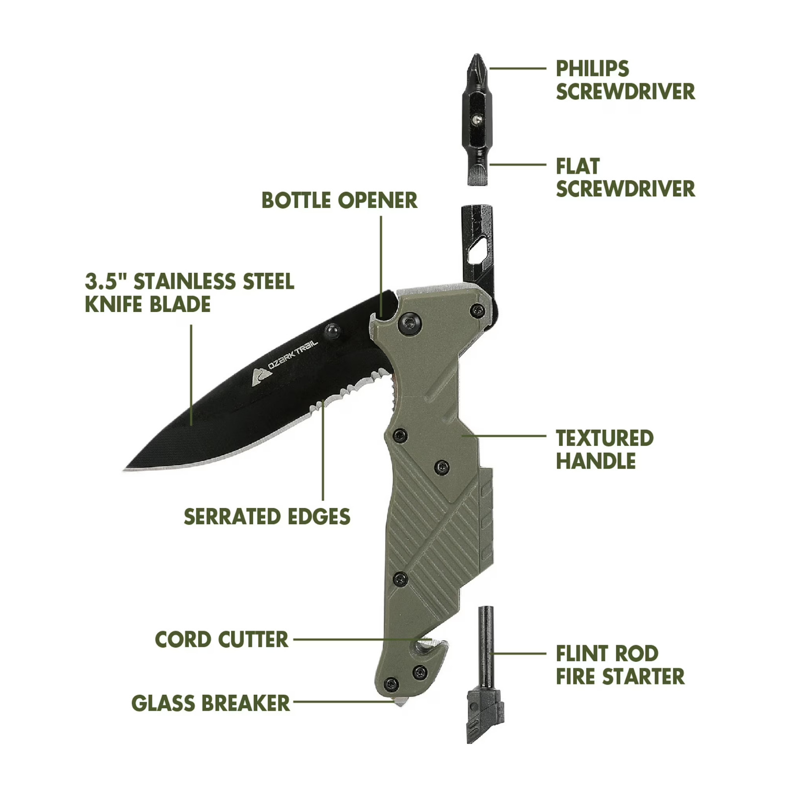 Ozark Trail 7-in-1 Stainless Steel Multitool Knife with Screwdriver